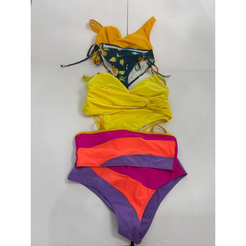 SHEIN Bikini Lot Size M Yellow Tropical Colorblock 3 Piece Swimwear Set